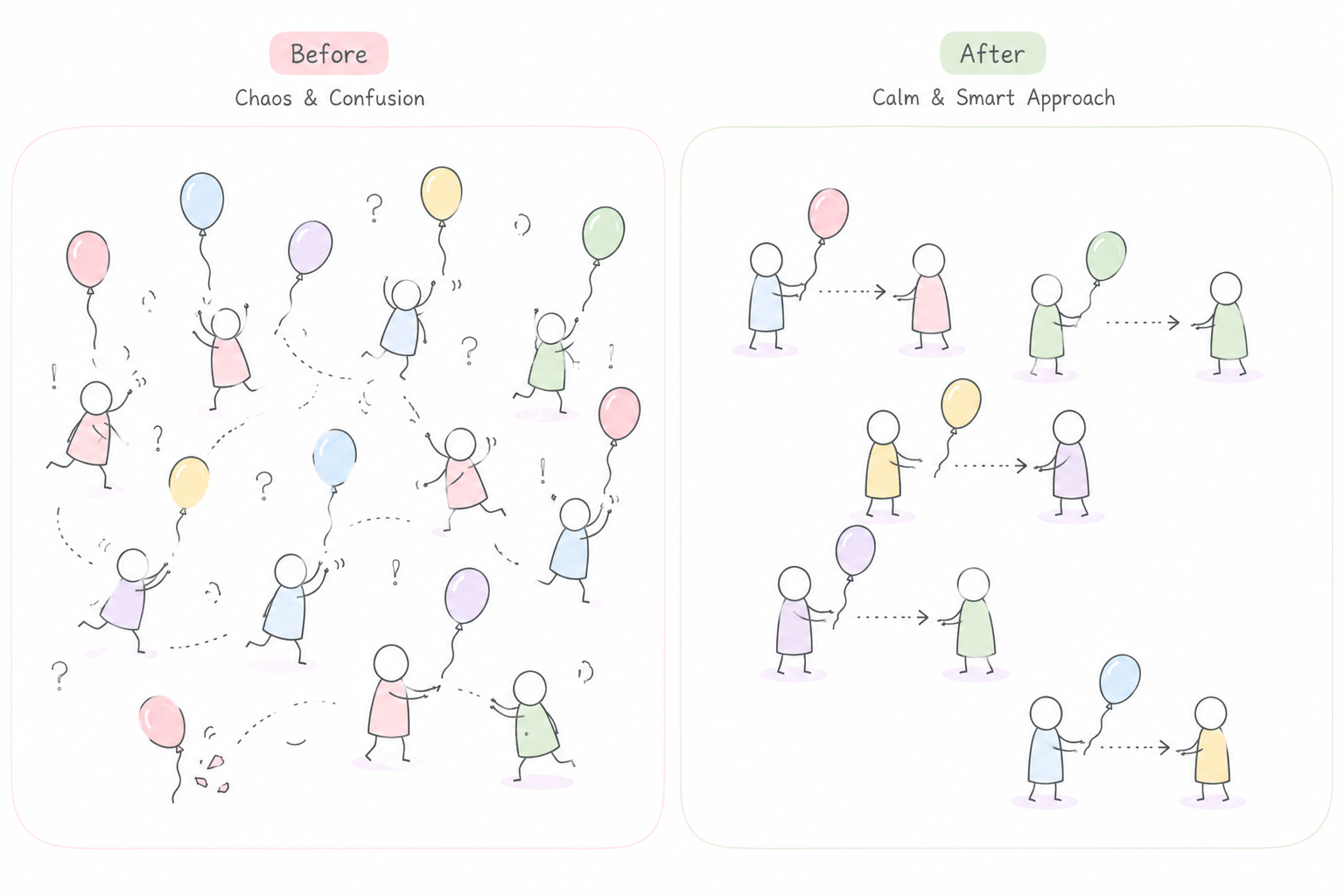 Before: chaos and confusion with balloons everywhere. After: calm and smart approach with people passing balloons to each other.
