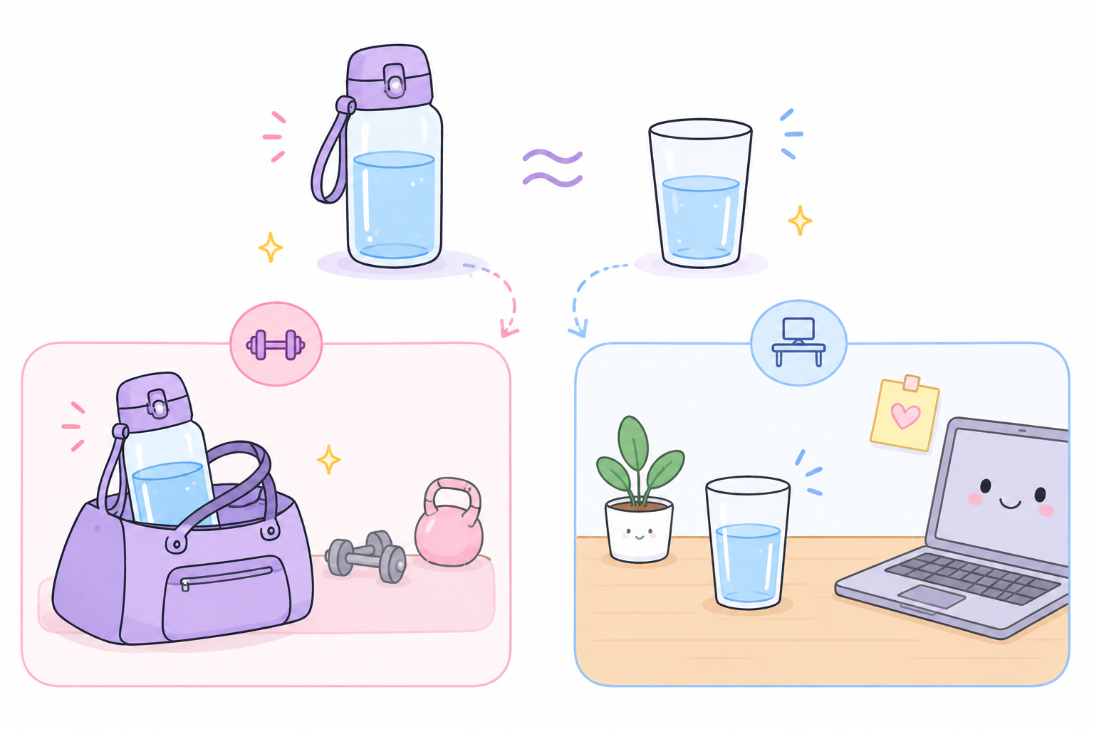 Water bottle for gym, glass for desk — same water, different container